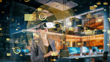 Woman selecting by point world data rotating graph analysis monitor by VR future global innovation interface digital infographic network technology virtual hologram animation at office. Contraption.