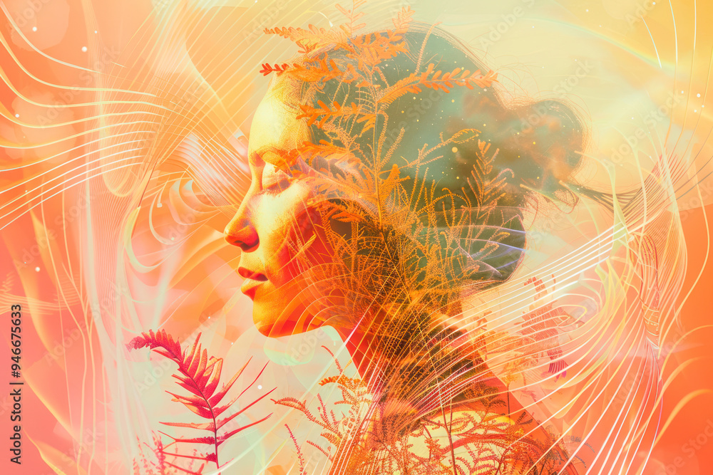 Poster blending elements of nature with abstract shapes and patterns.