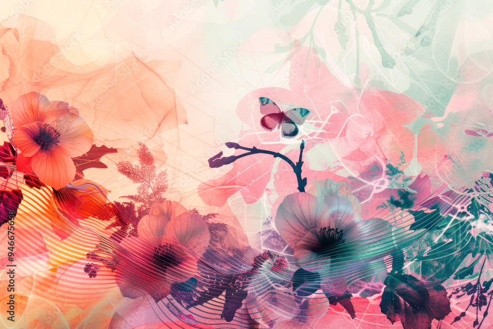 Poster blending elements of nature with abstract shapes and patterns.