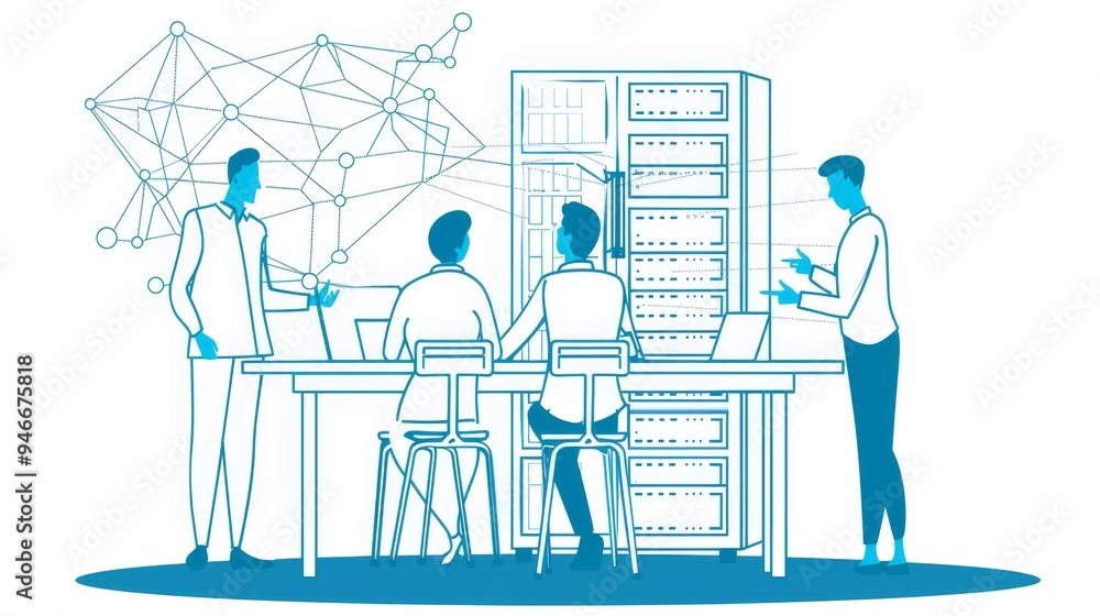 Aufkleber a team of professionals discussing around a table in a modern data center, symbolizing collaboration