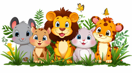 Fototapeta premium Animal Grass Cartoon: Fun and Colorful Cartoon Wildlife, Jungle, safari animals , Illustration 