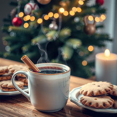 Hot coffee and cookies in front of a Christmas tree