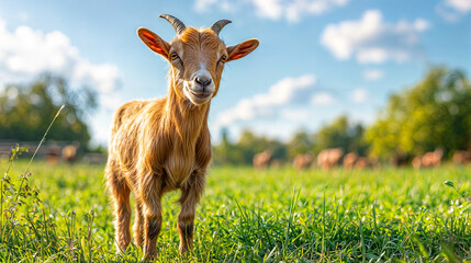 Adorable Brown Goat Standing in a Sunny Green Pasture on a Farm – Peaceful Rural Scene with Blue Sky and Soft Clouds