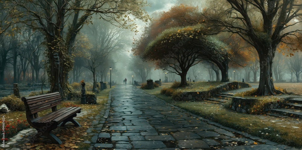 Poster moody park path with benches and autumn leaves in misty atmosphere