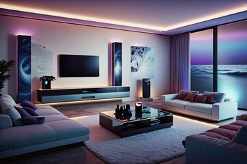 modern home theater with large screen and ambient lighting
