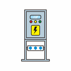 Single icon of an electrical temporary distribution board panel. Vector illustration of power source with safety sign of electric hazard and indicator lamp.