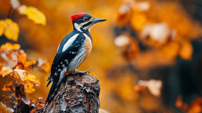 Close-Up of Great Spotted Woodpecker Perched on Tree Stump Amid Vibrant Autumn Foliage in Forest, Capturing the Beauty of Wildlife and Nature - Powered by Adobe