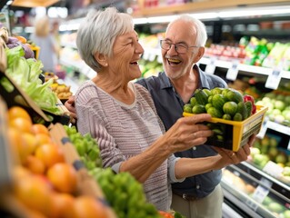 Senior couple happily choosing fresh produce, grocery store, laughing and smiling, 8k quality, high resolution.