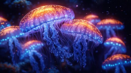 Fototapeta premium bioluminescent underwater scene ethereal jellyfish shimmering particles deep sea mystery