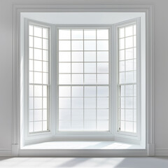 Fototapeta premium Large bay window with white frames and clear glass panes allowing natural light. Empty white room filled with bright, serene atmosphere