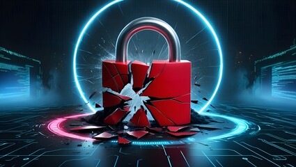 cyberattack. Cybersecurity, internet cyberattack warning, compromised system, red-broken padlock.