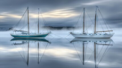 Fototapeta premium A pair of boats bobbing on a watery expanse beneath a hazy sky