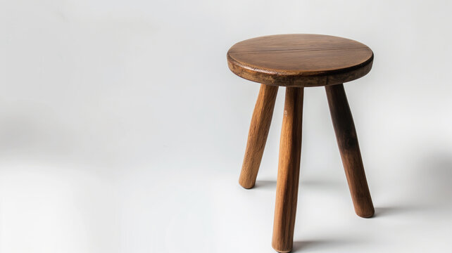 Wooden stool with round seat and three sturdy legs. Dark polished finish enhances rustic charm and simple design