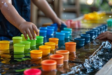 Child playing with colorful plastic cups in water. Indoor sensory play activity for toddlers. Generative AI