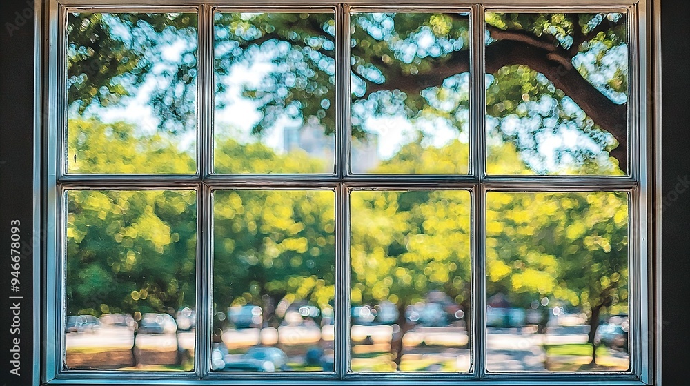 Poster a close-up of a window shows a tree view and a parking lot through the sill