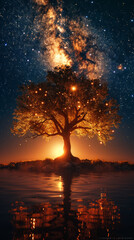Silhouette of Tree with natural landscape and Milky Way galaxy