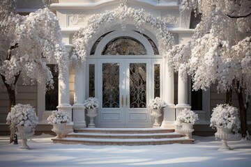 Naklejka premium Christmas decorated front white door with white decorations.