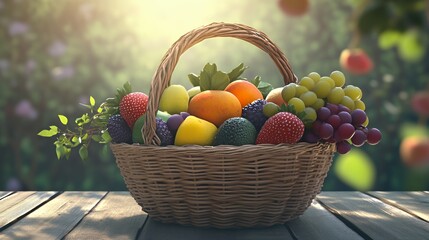 A woven basket filled with a variety of colorful fruits on a wooden table in a sunny setting.
