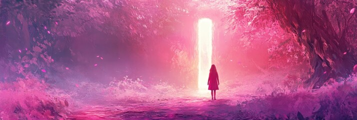 A woman in a red coat walks towards a glowing portal in a mystical forest, symbolizing hope, new beginnings, spiritual awakening, exploration, and the unknown.