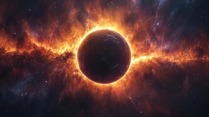 Naklejka premium celestial eclipse over alien planet neon auroras vibrant cosmic hues starry background otherworldly atmosphere