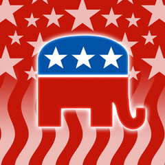 Square graphic in red white and blue of the United States of America, USA, with the political party symbol of the republicans, republican campaign politics, or voting in US presidential election