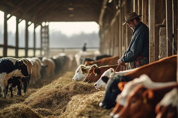 Cowboy tending to cattle inside rustic barn
