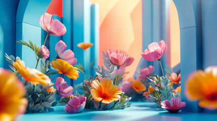 A blue archway with a field of flowers in front of it