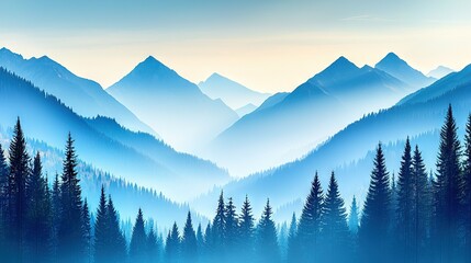 Obraz premium Painting of mountain range with pines in foreground and hazy sky in background