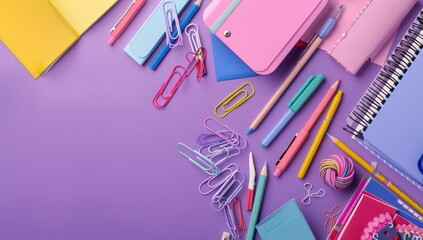 Soft plum background with a creative arrangement of colorful stationery, ideal for back to school campaigns