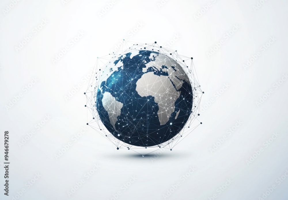 Poster abstract global network concept with planet earth and connection lines on a white background grey-bl