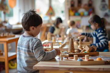 Children engaged in Montessori activities with wooden toys in a classroom setting. Early childhood education and collaborative learning environment.  Generative AI