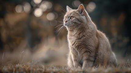 A ginger cat sits gracefully in a soft grassy area during golden hour, capturing the calmness of a serene outdoor setting