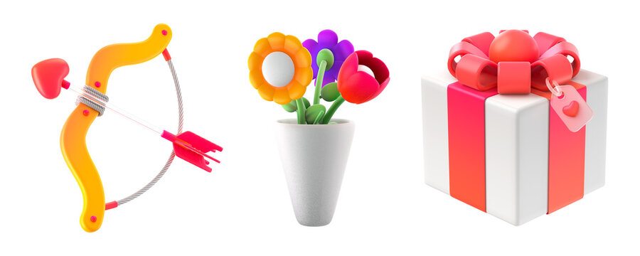 love emoji 3d icons set, 3d render cartoon icon. cupid bow, flowers and gift emoji. valentine&rsquo;s day icons isolated transparent background.