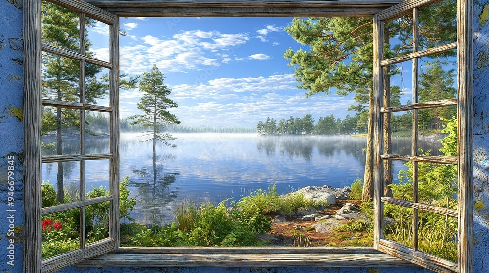 Aufkleber an open window showing a lake and pine trees beyond the glass pane