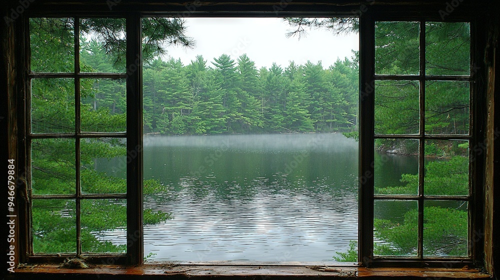 Poster a window showing a lake and tree views from a water-facing room