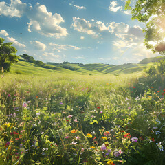 Sunlit meadow with green grass field
