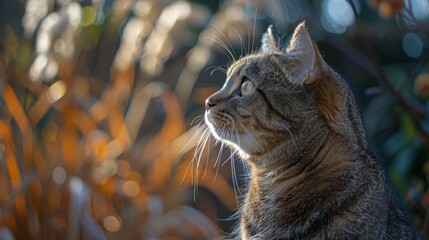 A curious tabby cat gazes thoughtfully into a sunlit garden filled with autumn foliage during the golden hour