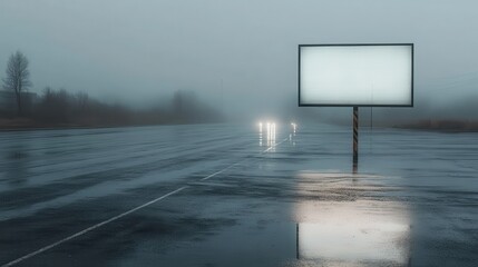 Foggy night on a wet highway with an empty billboard glowing dimly in the mist while car headlights shine in the distance. Captures a sense of emptiness and introspection.