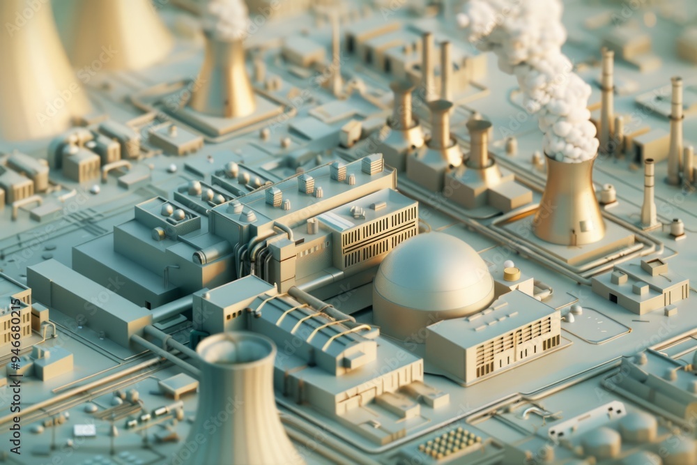 Fototapete 3d rendering of a nuclear power plant with cooling towers and reactors in a simplified isometric vie