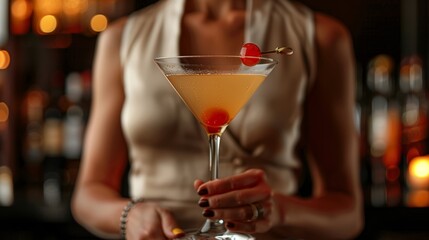 A person holds a cocktail glass garnished with cherries in a stylish bar setting during a lively evening