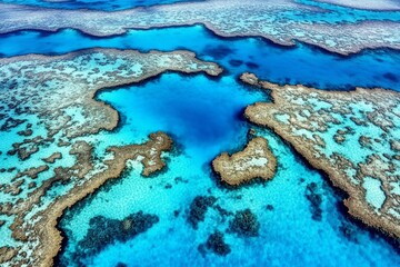 An aerial photograph of the Great Barrier Reef in Australia. The vibrant turquoise waters contrast with the intricate coral formations, showcasing the beauty and fragility of this natural wonder. The 