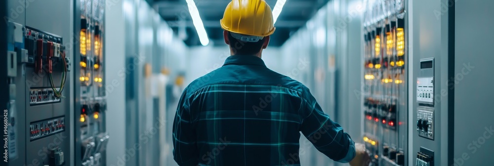 Poster an electrical engineer in a hard hat inspects electrical panels in a server room. the engineer is wo
