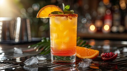 Vibrant tropical cocktail with citrus garnish and fresh mint served at a bar during evening hours