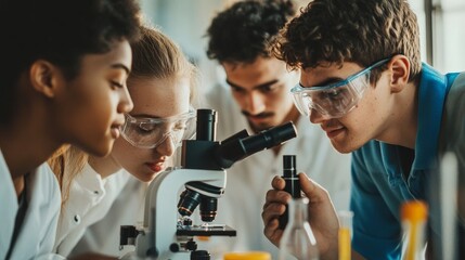 Four college students are gathered around a microscope in a science lab, focused on their experiment. The image symbolizes scientific discovery, collaboration, education, and innovation.