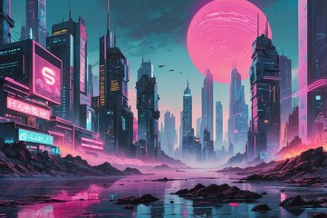 futuristic cityscape with neon lights and large pink moon 