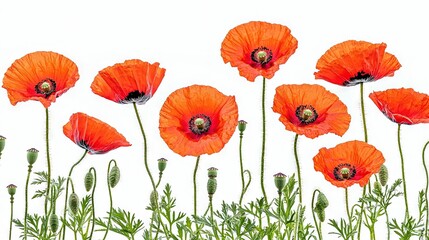 Fototapeta premium A group of red blossoms resting against a white backdrop amidst a green expanse