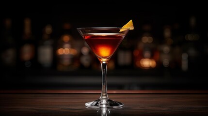 Classic cocktail served in a sleek glass with an orange twist against a softly blurred bar background in a cozy setting