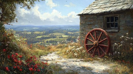 Obraz premium A painting depicts a stone building with a red wheel in the foreground and a field of flowers in the background