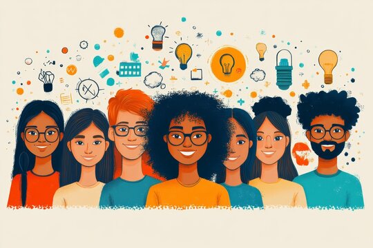  Gen Z professionals in a mentoring circle, sharing knowledge and ideas, with icons of growth and achievement around them. Generative AI