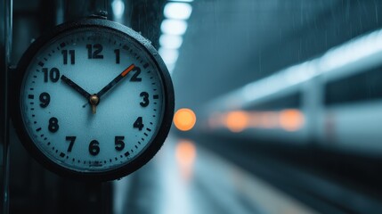 A wall clock at a train station shows the time while a train speeds away in a blur, capturing the essence of punctuality, haste, and the fleeting nature of time.